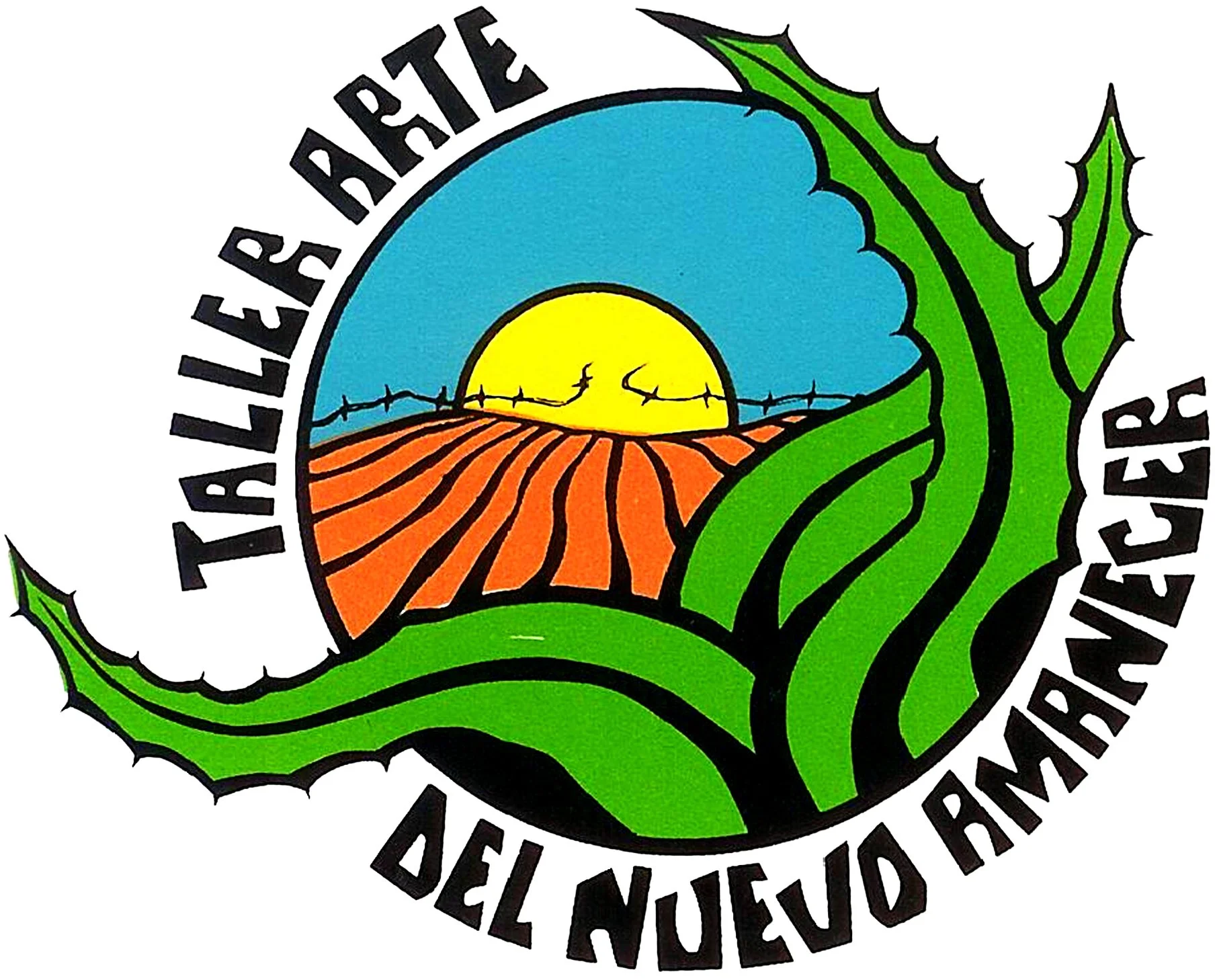 Logo with a yellow sun setting behind orange fields, framed by green holly leaves, and the text 'Taller Arte Del Nuevo Amanecer' in black curved around the image.