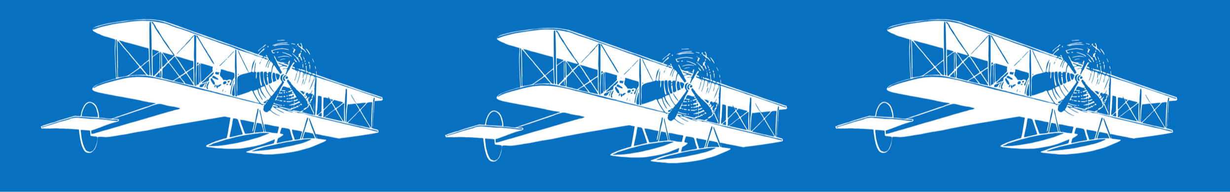 Repeated white silhouette of a vintage biplane airplane on a blue background.