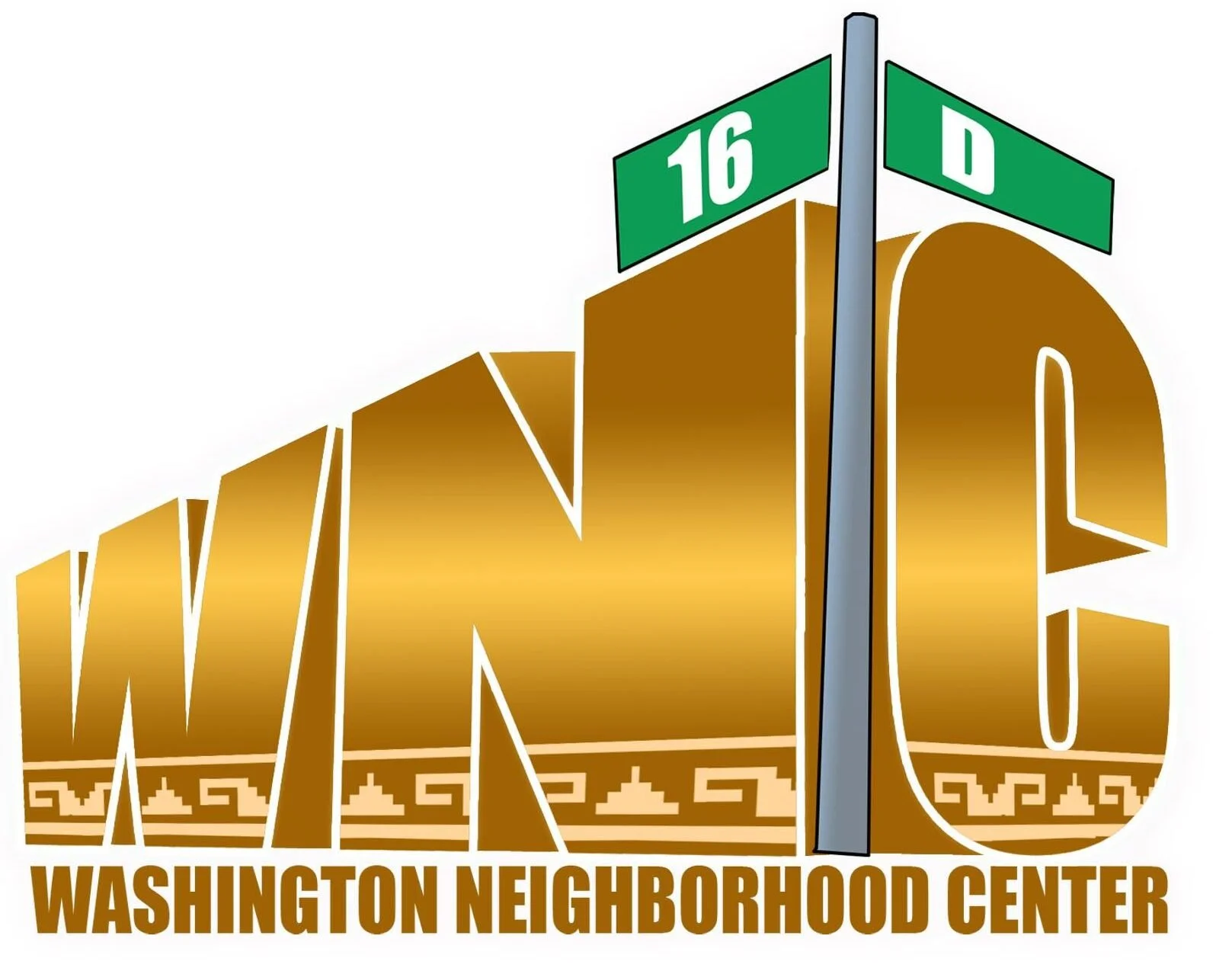 Logo for Washington Neighborhood Center with stylized large yellow letters WNUC and street signs for 16th and D.