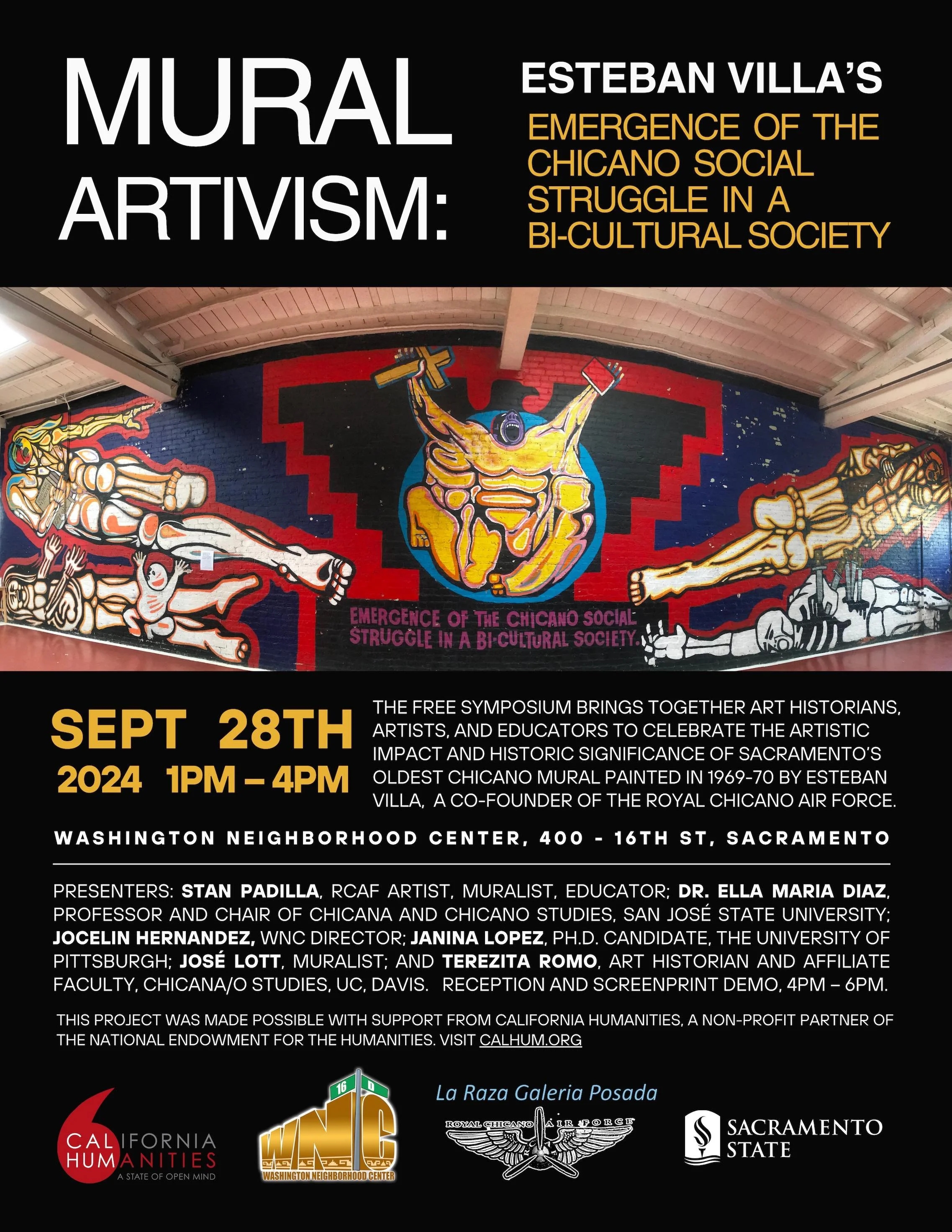 A poster for an art symposium titled 'Mural Artivism' featuring a colorful mural depicting Chicano social struggle, with text about the event date, time, location, and participants.