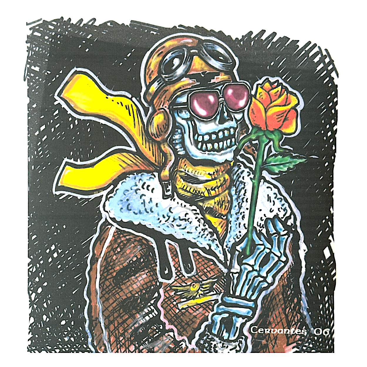 A colorful tattoo-style illustration of a skeleton wearing goggles, a leather jacket with a fur collar, and holding a red rose.