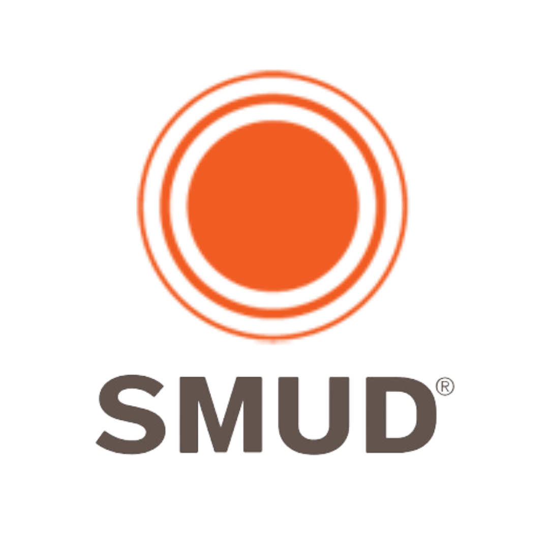 Distorted logo of Smud with a circular orange icon above the name.