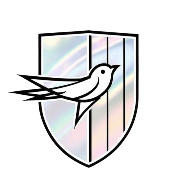 A crest with a shield featuring a mirror-like iridescent surface and a stylized bird with wings spread, flying to the right, overlapping the shield.