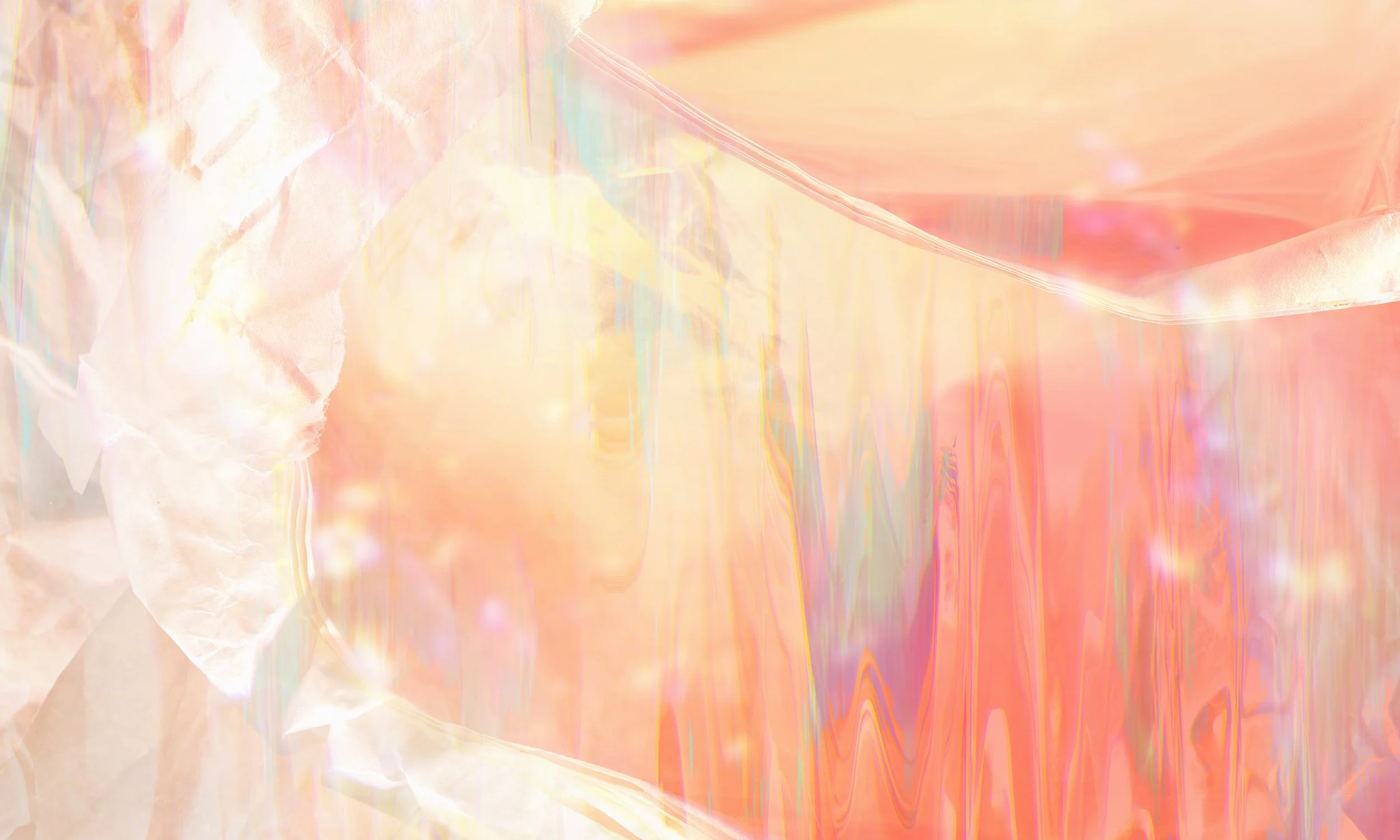 Abstract image with pastel pink, peach, and cream hues, featuring crumpled paper-like textures and light reflections.