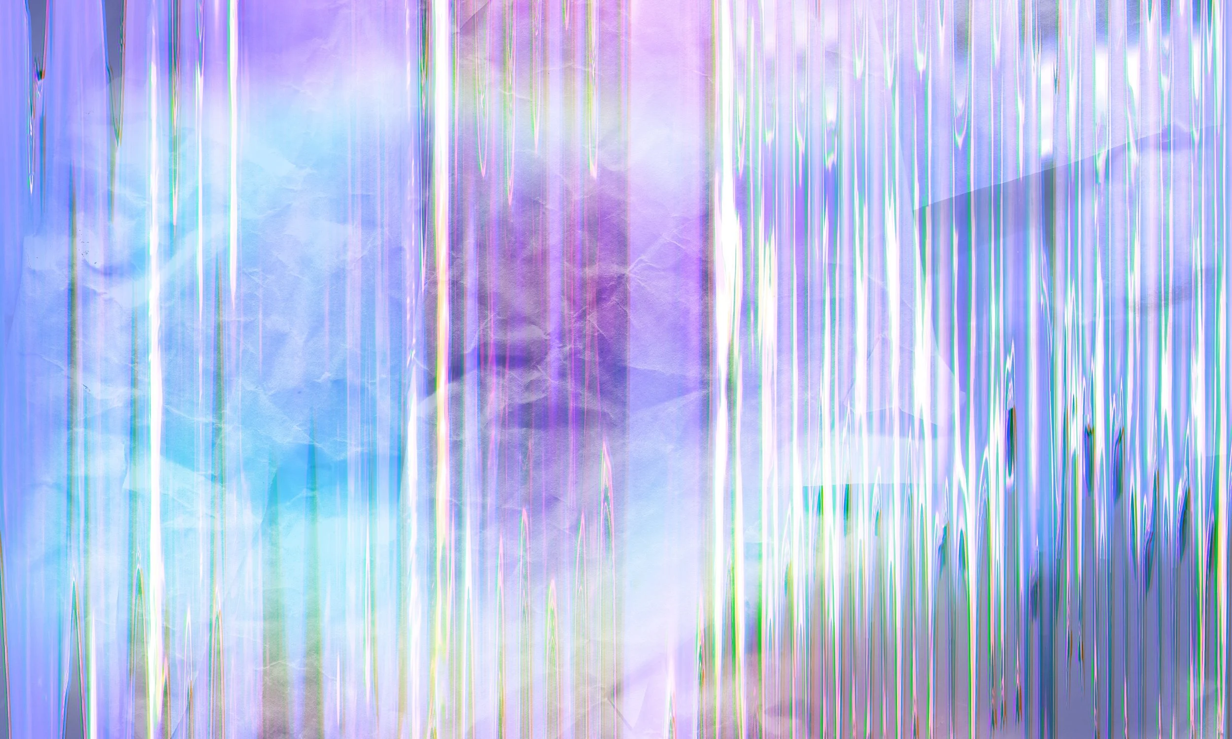 Abstract image with vertical lines in pastel shades of purple, blue, green, and white, with some areas appearing crumpled or wrinkled.