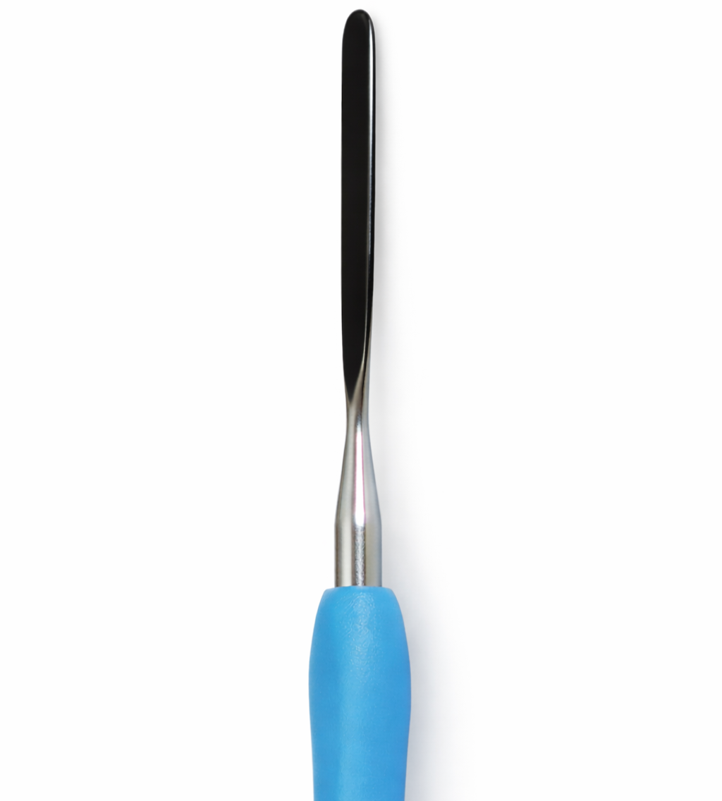 Close-up of RF-NonStick ceramic coating on an electrosurgical blade electrode tip