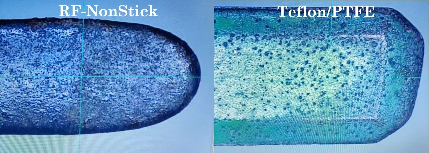 Microscopic comparison of electrosurgical blade coatings showing RF NonStick on the left and conventional PTFE on the right after RF activation