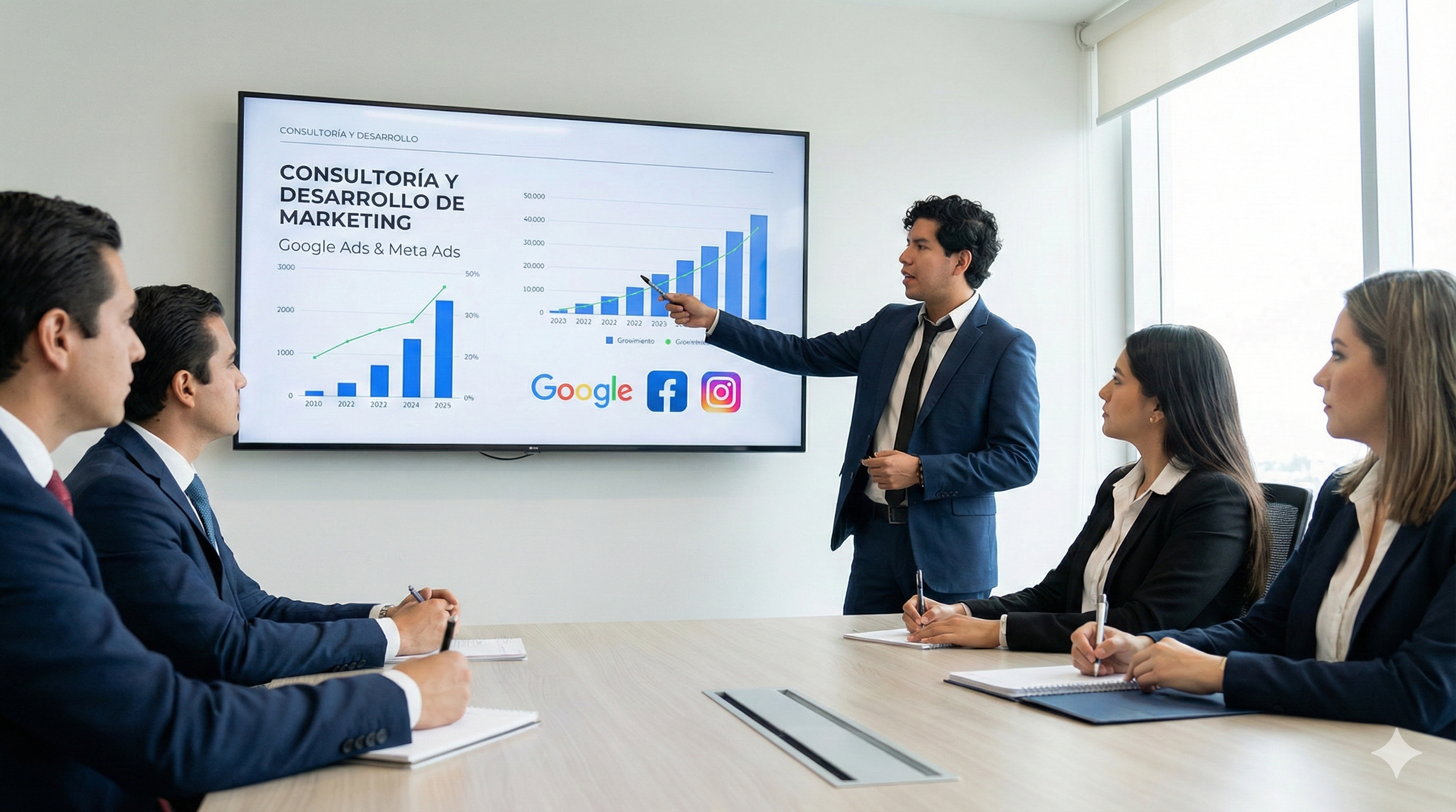 Grupo de personas en una reunión empresarial viendo una presentación en una pantalla con gráficos de crecimiento y logotipos de Google, Facebook e Instagram.