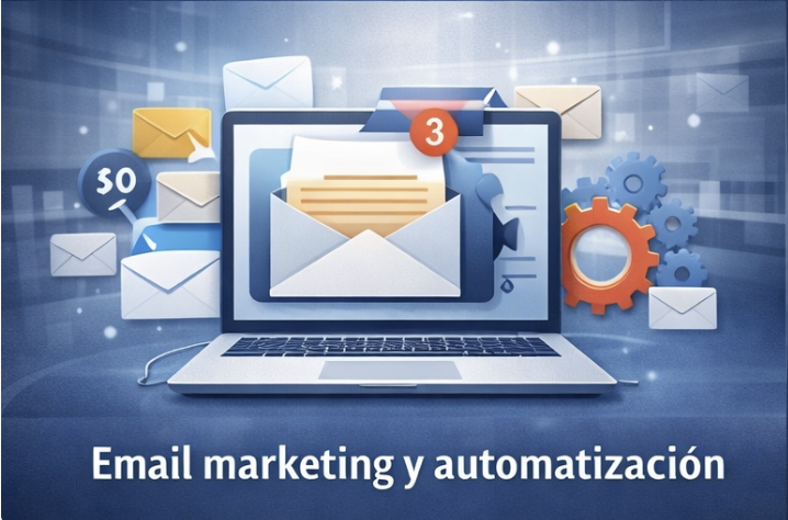 Computadora portátil con varias cartas y símbolos de correo en la pantalla y alrededor, con texto que dice 'Email marketing y automatización'.