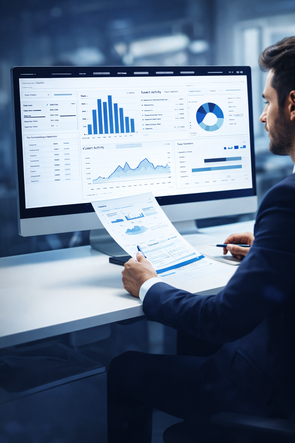 Hombre en traje revisando informes y gráficos en una oficina con una pantalla grande que muestra análisis de datos y estadísticas.