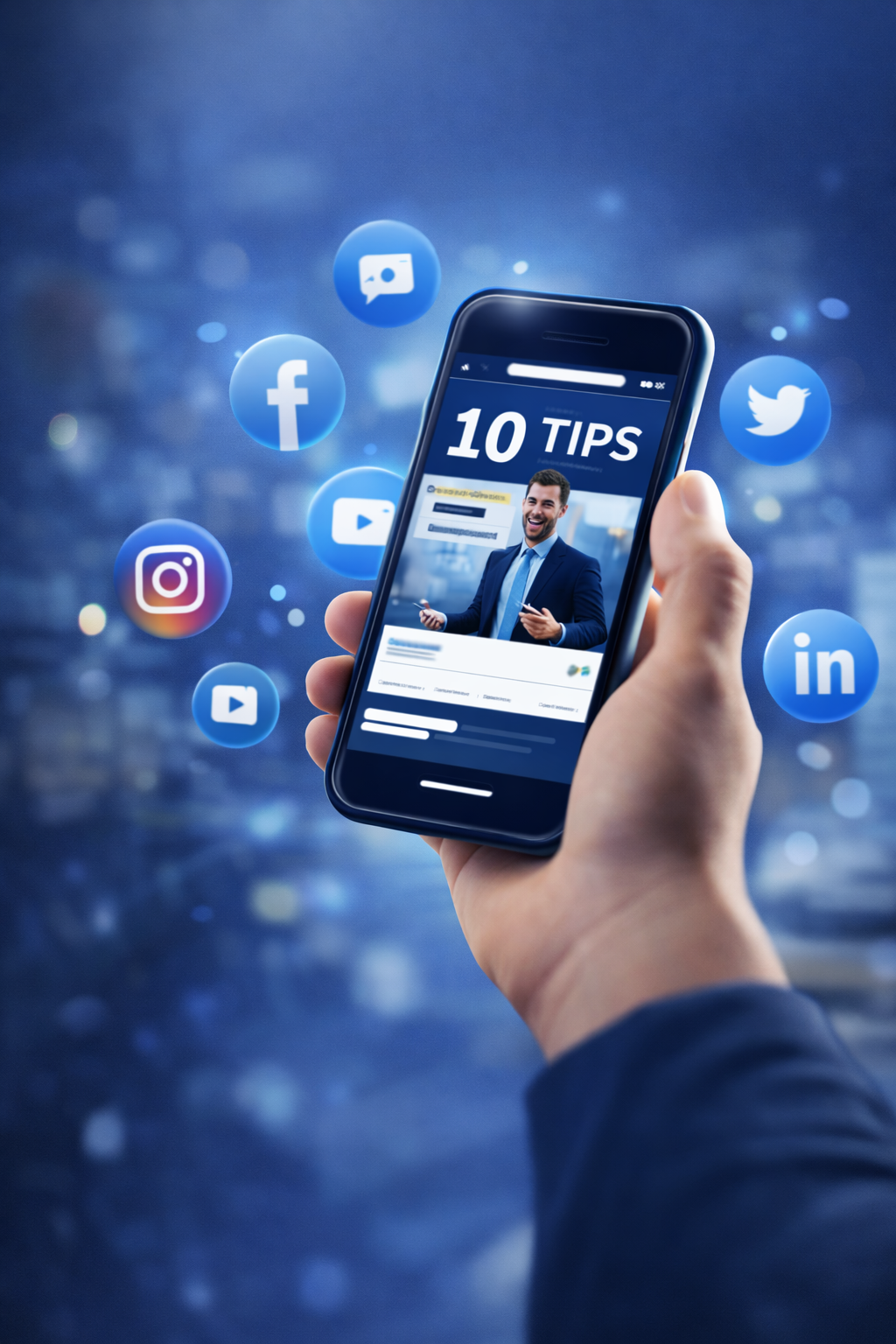 Pantalla de teléfono móvil con un artículo titulado '10 Tips' y un hombre con traje riendo en la pantalla, rodeado de iconos de redes sociales como Facebook, Instagram, Twitter, LinkedIn, YouTube y mensajes de chat.