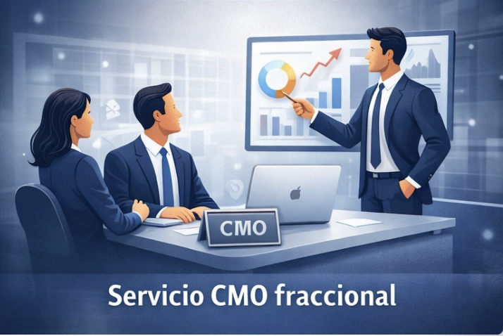 Reunión de miembros del equipo de marketing digital en una oficina moderna, donde un hombre en traje está presentando gráficos y estadísticas en una pantalla, con un cartel que dice 'CMO', y el texto 'Servicio CMO fraccional' en la parte inferior.