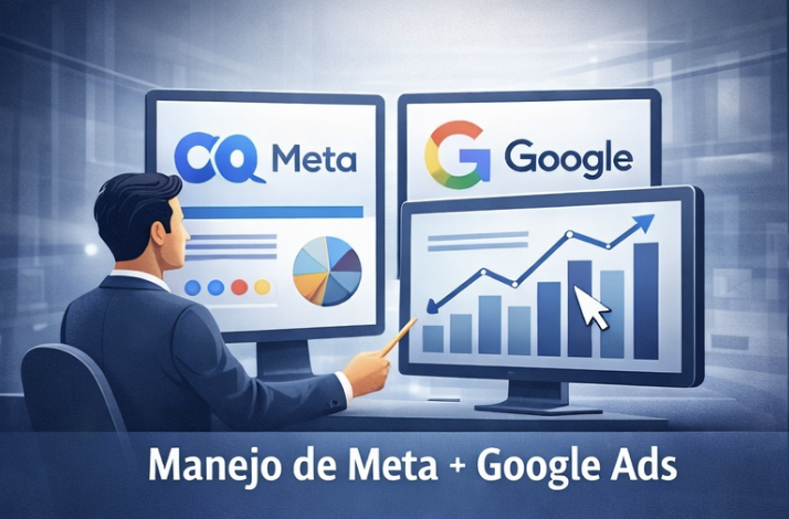 Hombre en una oficina presentando gráficos en pantallas sobre Meta y Google Ads, con título 'Manejo de Meta + Google Ads'.