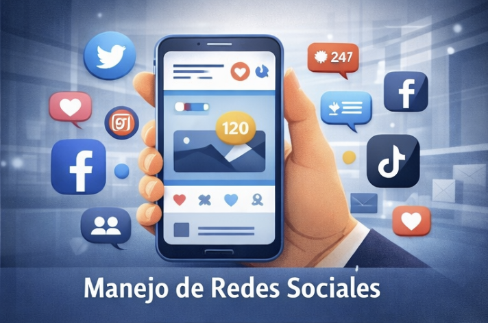 Mano sosteniendo un teléfono móvil mostrando una aplicación de redes sociales, rodeado de íconos de Facebook, Twitter, TikTok, y notificaciones. Texto en la imagen dice 'Manejo de Redes Sociales'.