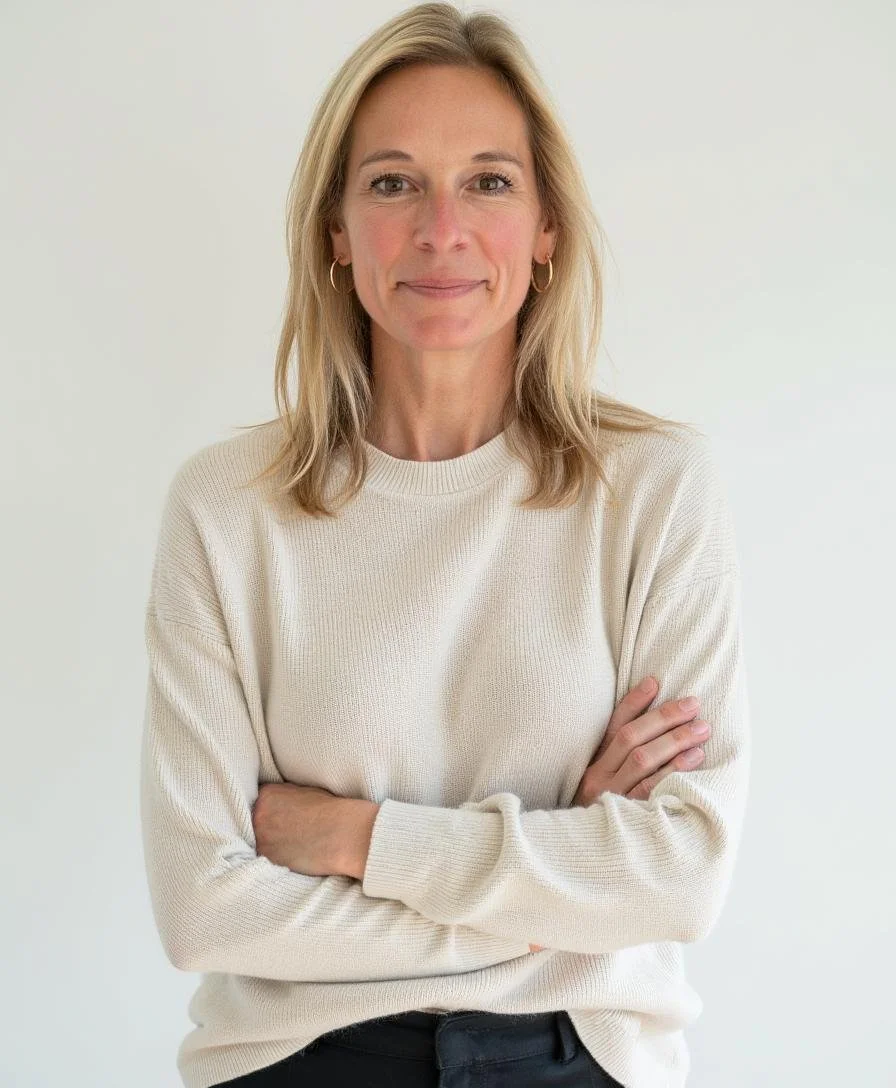 A woman with blonde hair, wearing a cream-colored sweater and gold hoop earrings, standing against a plain light-colored background with her arms crossed, looking at the camera with a slight smile.