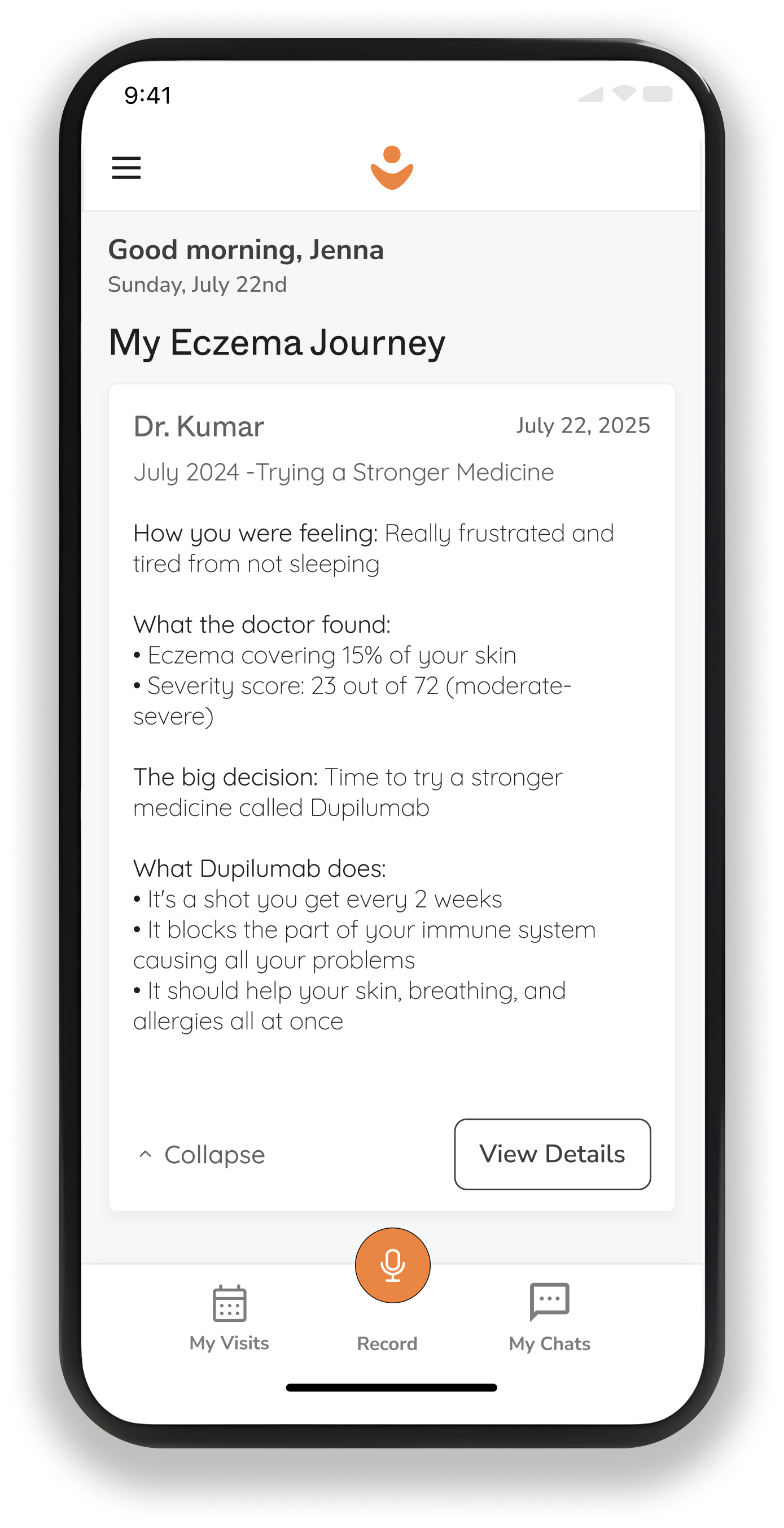 Mobile app screen displaying a patient's eczema journey report, including recent findings, medication details, and treatment options, with navigation icons at the bottom.