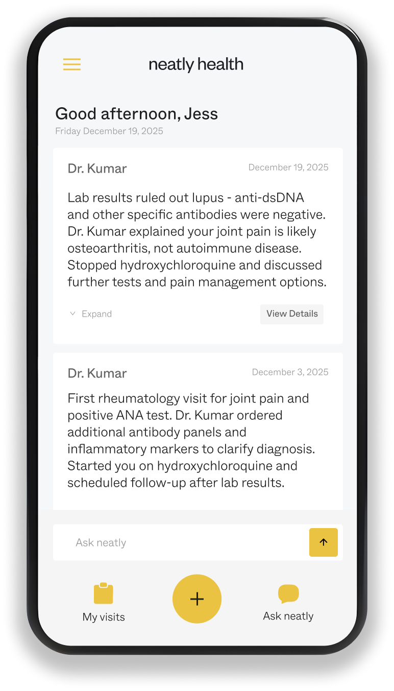 Mobile app screen displaying medical consultation notes from Dr. Kumar regarding lab results and treatment plan, with navigation options at the bottom for 'My visits', 'Add new entry', and 'Ask neatly'.