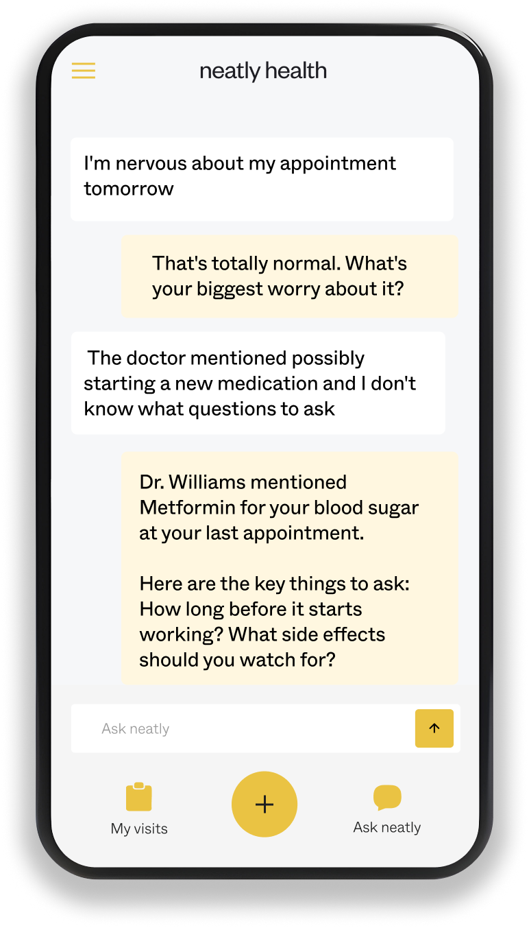 Mobile phone screen displaying a health app titled 'neatly health' with a conversation about medical concerns, including questions about medication and blood sugar management.