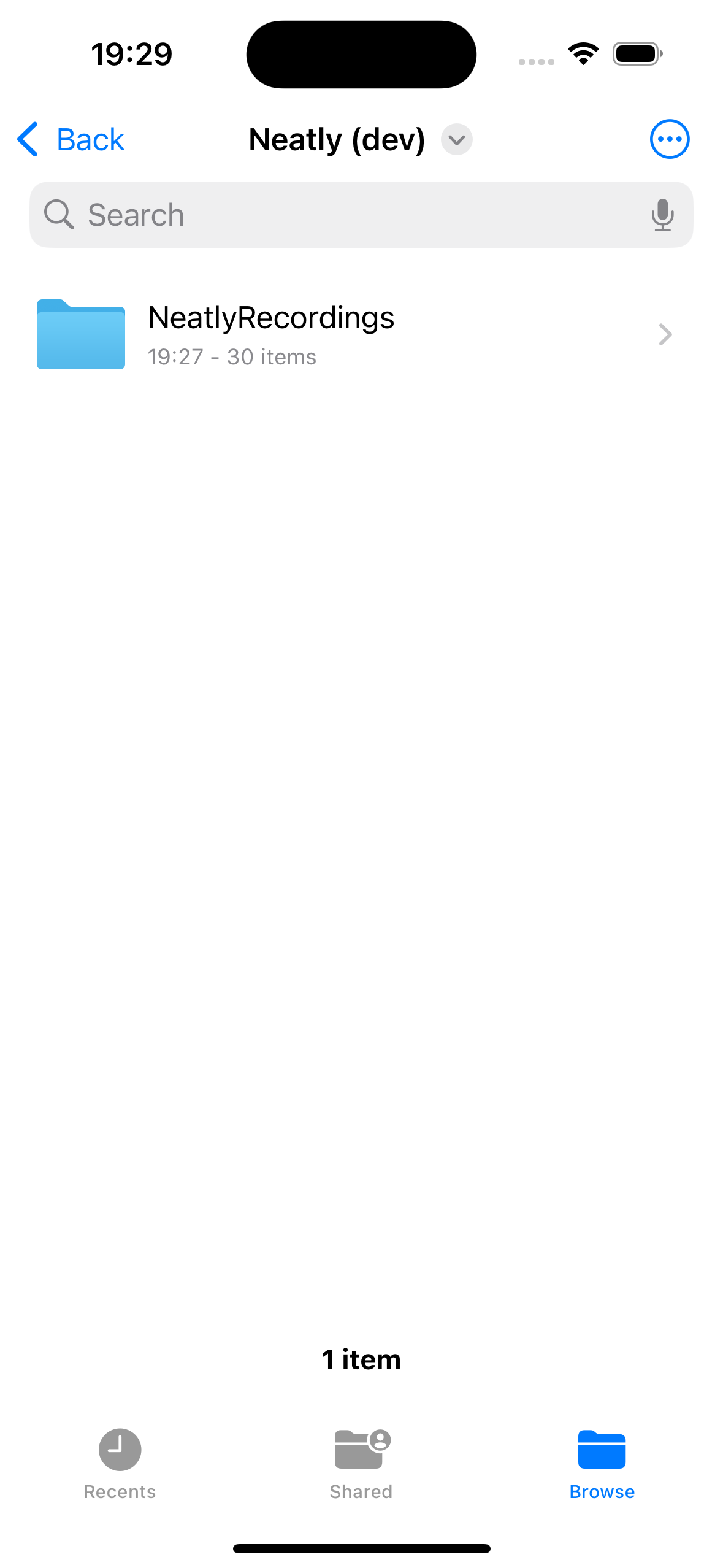 Screenshot of a mobile phone file explorer showing a folder named 'NeatlyRecordings' with 30 items, located in a directory titled 'Neatly (dev)'.