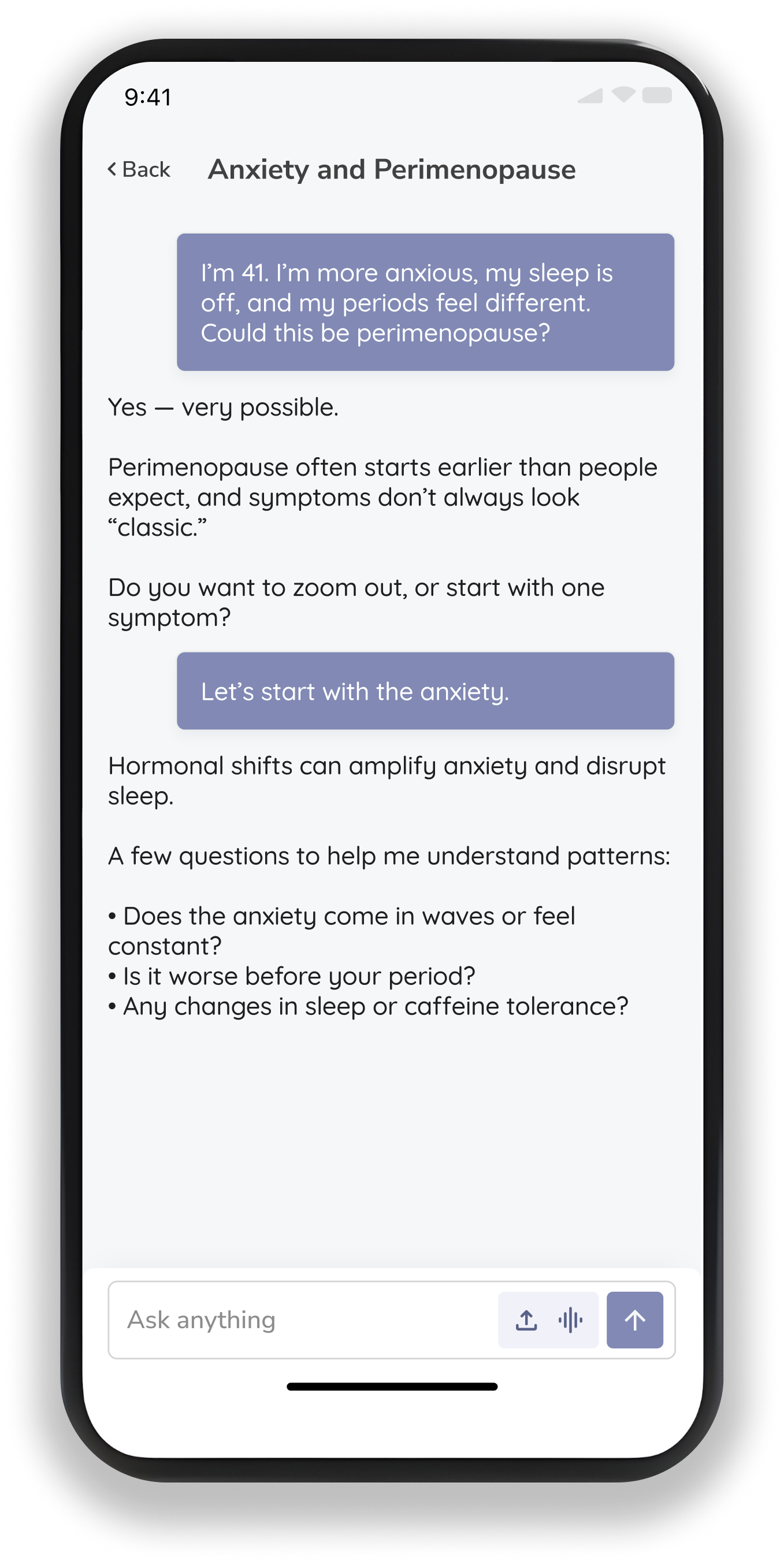 Mobile phone screen displaying a chat or informational session about anxiety and perimenopause, with text discussing symptoms and questions.