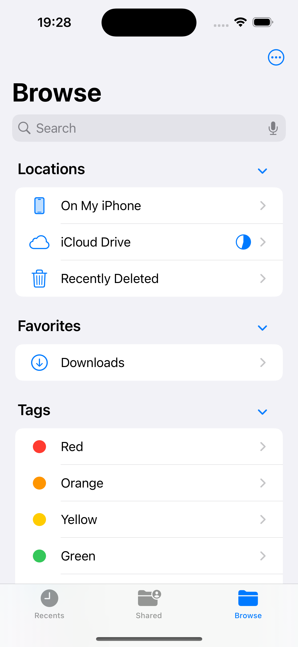 Screenshot of a mobile device's file browsing app, showing categories like Locations, Favorites, and Tags, with options such as On My iPhone, iCloud Drive, Recently Deleted, Downloads, and tags for Red, Orange, Yellow, and Green.