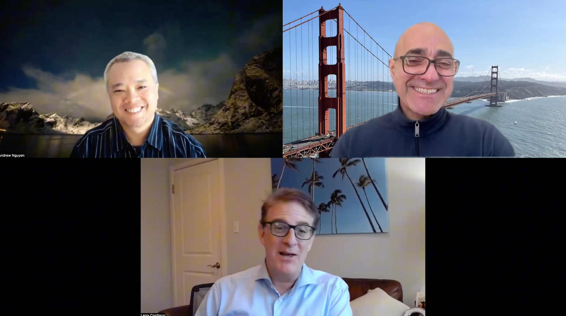 Andy, Larry, and Freddie smiling during podcast