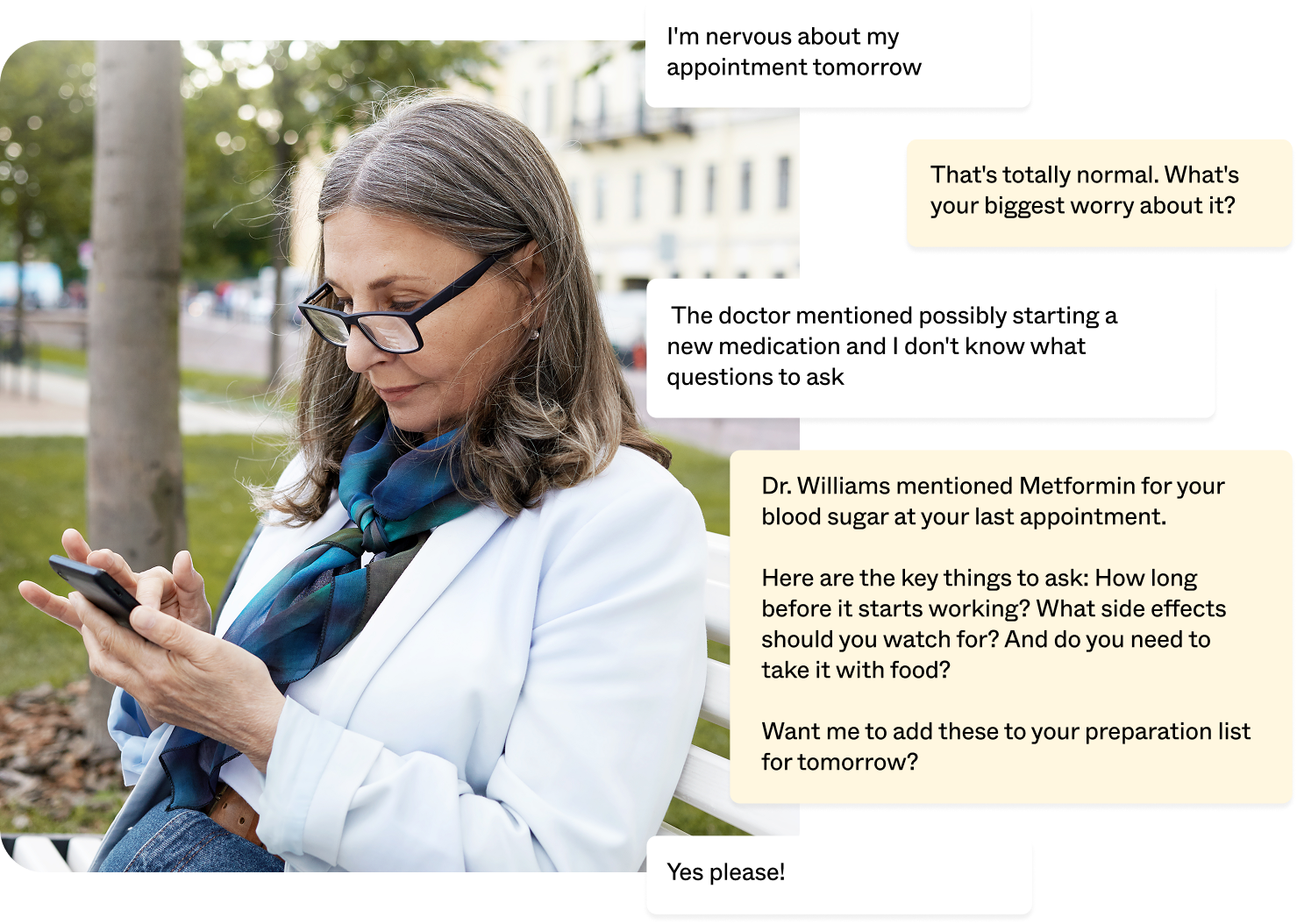 A middle-aged woman with shoulder-length gray hair, wearing glasses, a white blazer, and a blue scarf, sitting on a park bench outside. She is looking at her smartphone with a slight smile. In the background, there are trees and a building. Overlaid on the image are text bubbles with a conversation about medical concerns, mentioning an appointment, medication, and blood sugar management.