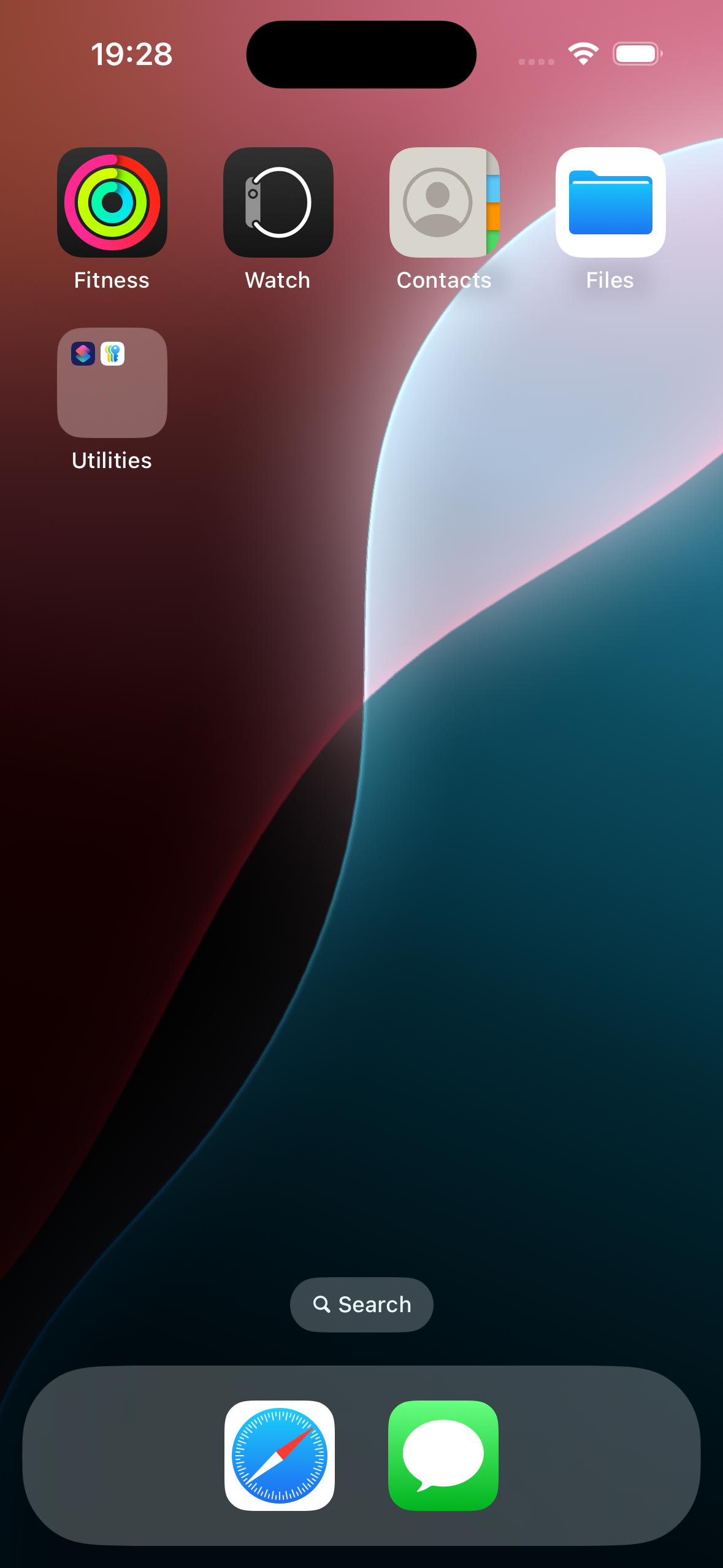 iPhone home screen with app icons for Fitness, Watch, Contacts, Files, Utilities folder, and bottom dock with Safari and Messages apps