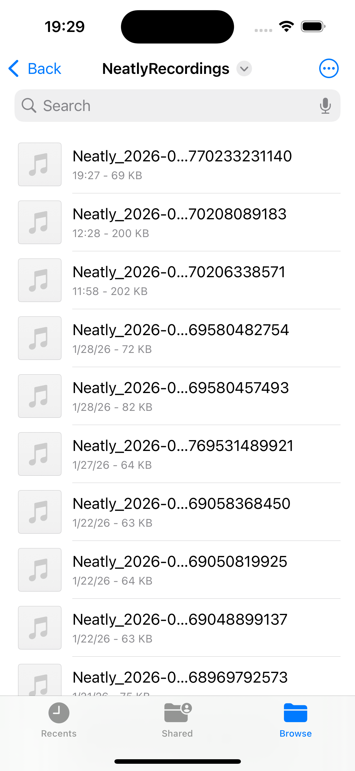 Screenshot of a phone folder named "NeatlyRecordings" containing multiple audio files with similar names, such as "Neatly_2026" with various numbers, displayed in list view.