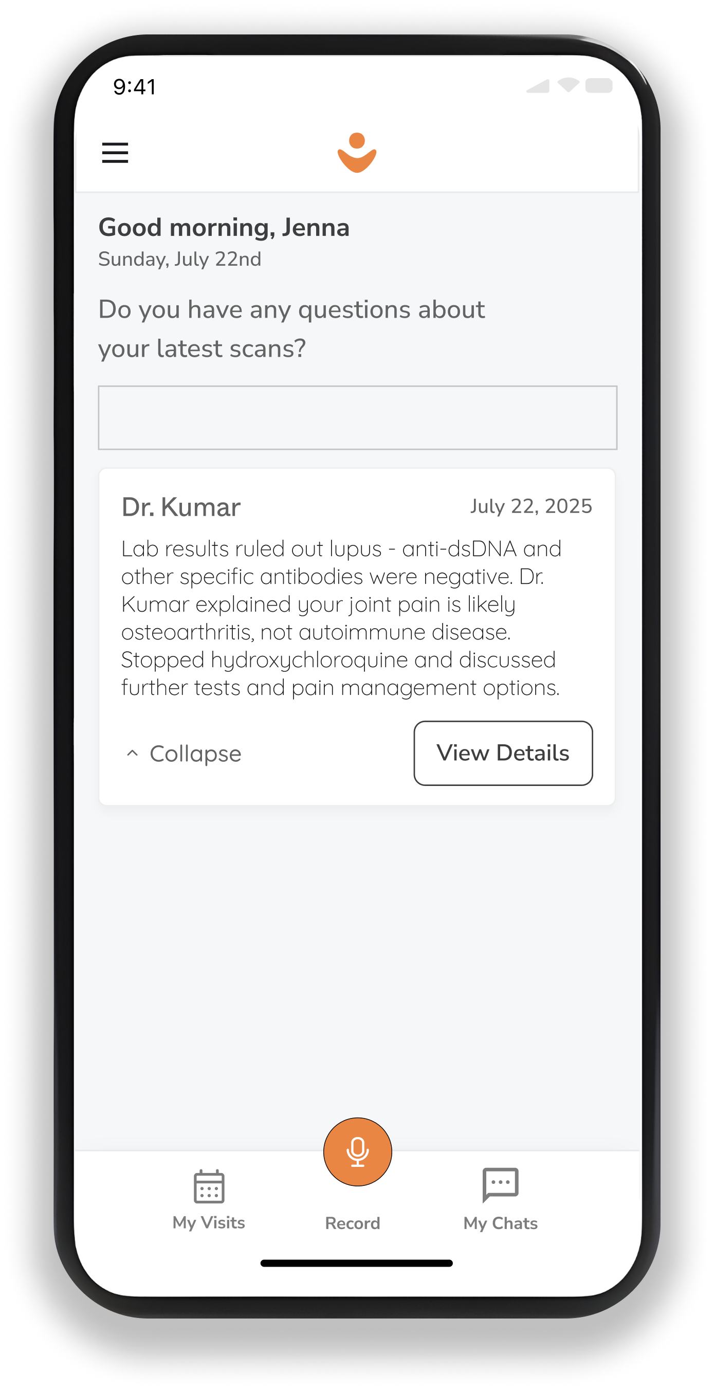 Mobile health app screen displaying a patient's review of lab results and doctor notes about joint pain, with navigation icons at the bottom for visits, recording, and chats.