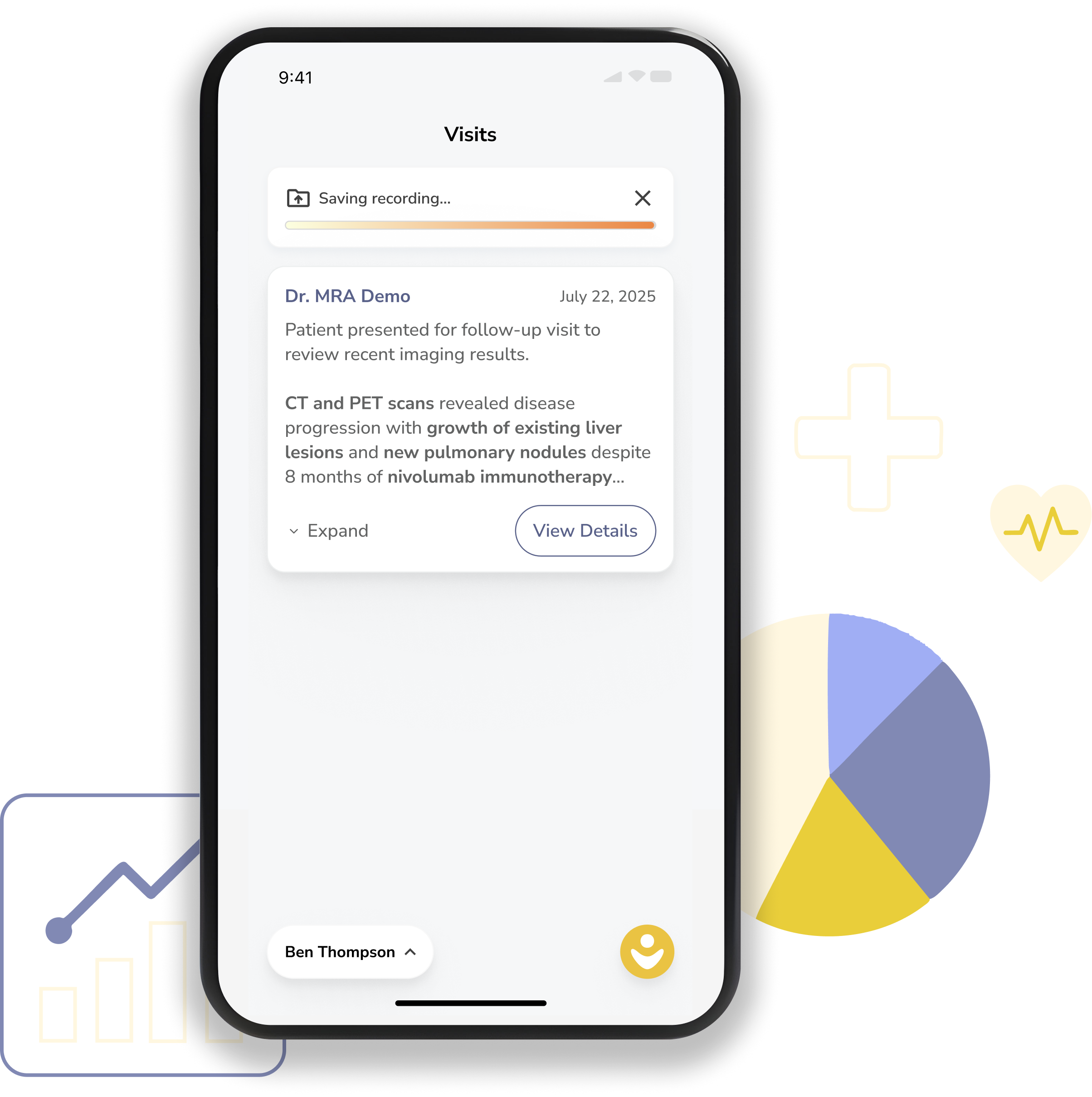 A mobile phone screen displaying a medical application with a list of patient visit notes, including date, doctor, and visit details, on a white background with abstract colorful graphics surrounding the phone.