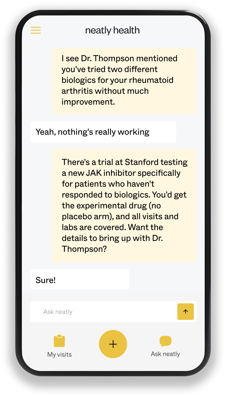 Screenshot of a mobile app named 'neatly health' showing a conversation about rheumatoid arthritis treatment options, including trial details for a JAK inhibitor.