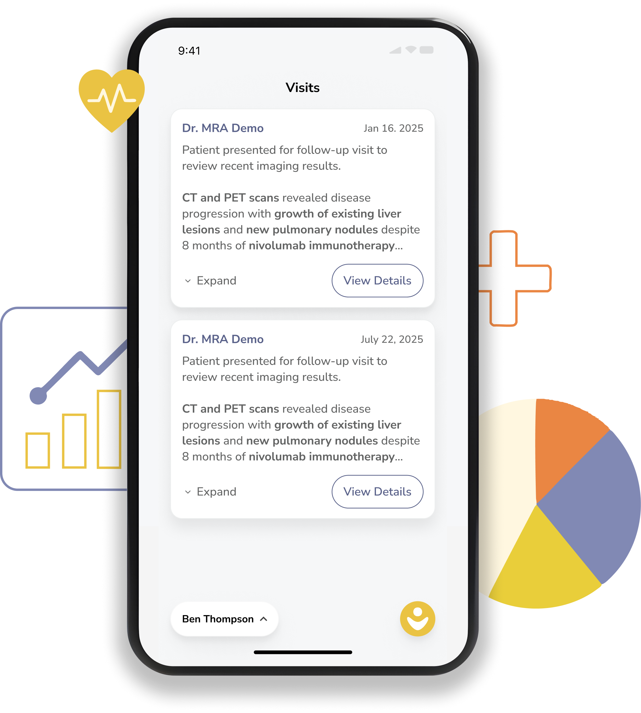 A smartphone screen displaying a medical app with a list of patient visits. Each entry has the date, doctor, a brief description of the visit, and a 'View Details' button. The background features abstract geometric shapes and a yellow heart with an electrocardiogram line.