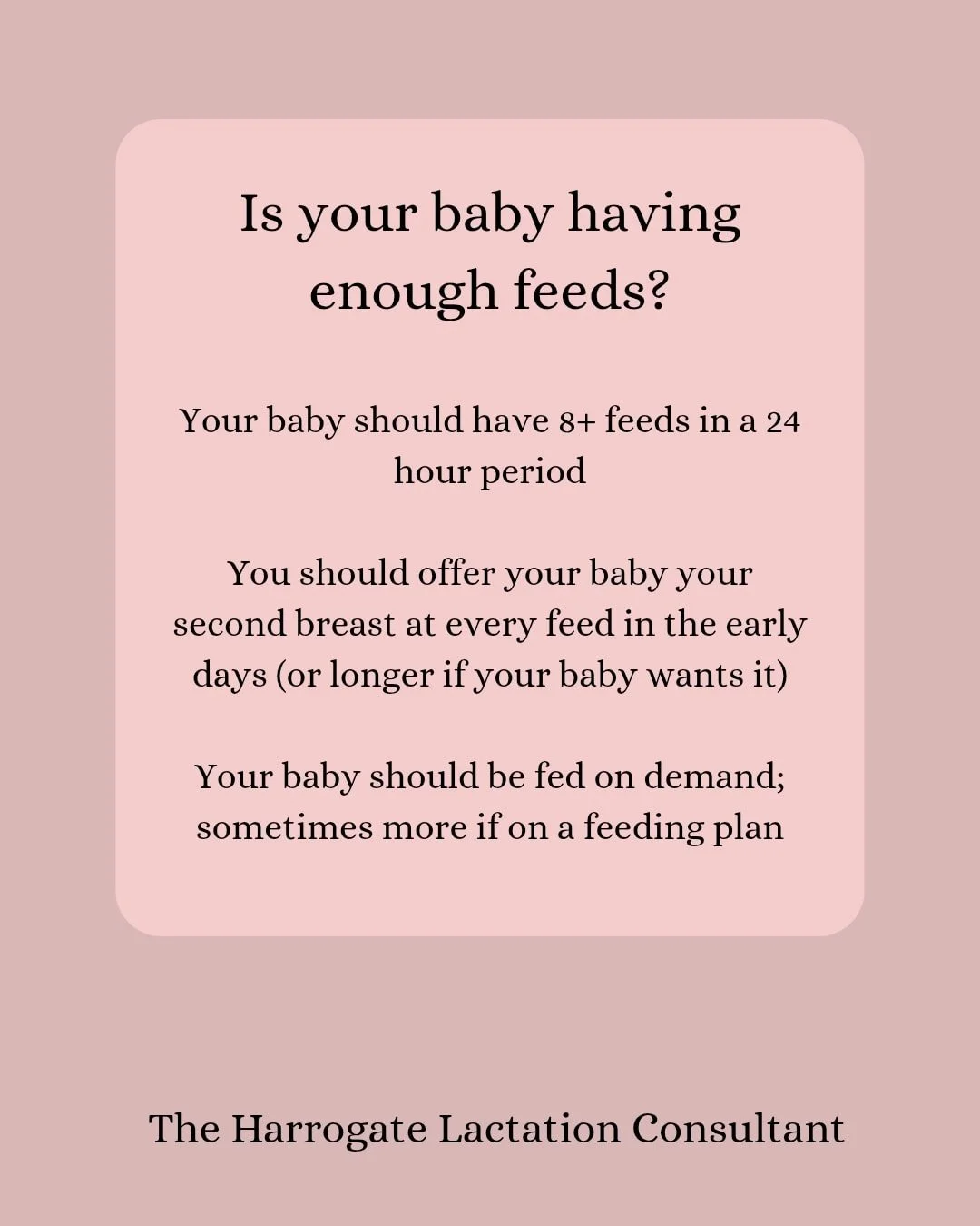💜 Is your baby having enough feeds?

8 (or more) feeds in a 24 hour period is what your baby should be having

Your baby's tummy is tiny to start with so feeding little and often is beneficial for your baby

Your baby should be encouraged to feed on