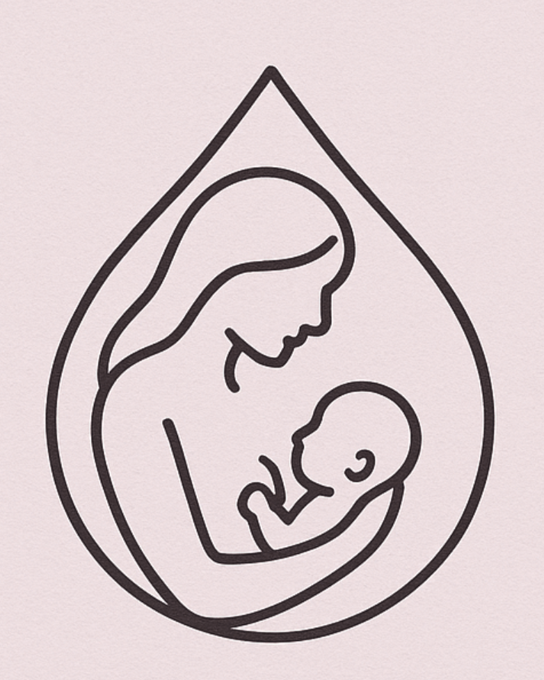 Minimalist line drawing of a mother holding her baby, enclosed in a water droplet shape.