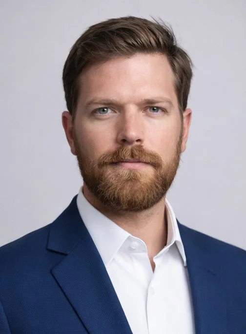 A professional headshot of a man with light skin, brown hair, and a beard, dressed in a navy blue suit and white shirt, against a plain gray background.
