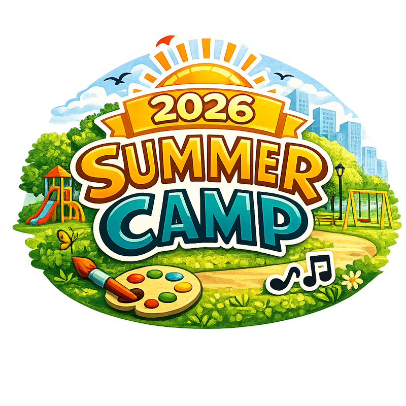 Colorful logo for 2026 Summer Camp featuring a sun, clouds, trees, a playground, a swing set, a patch of grass, a bird, a butterfly, a paint palette, a paintbrush, musical notes, and a pathway in a park setting.