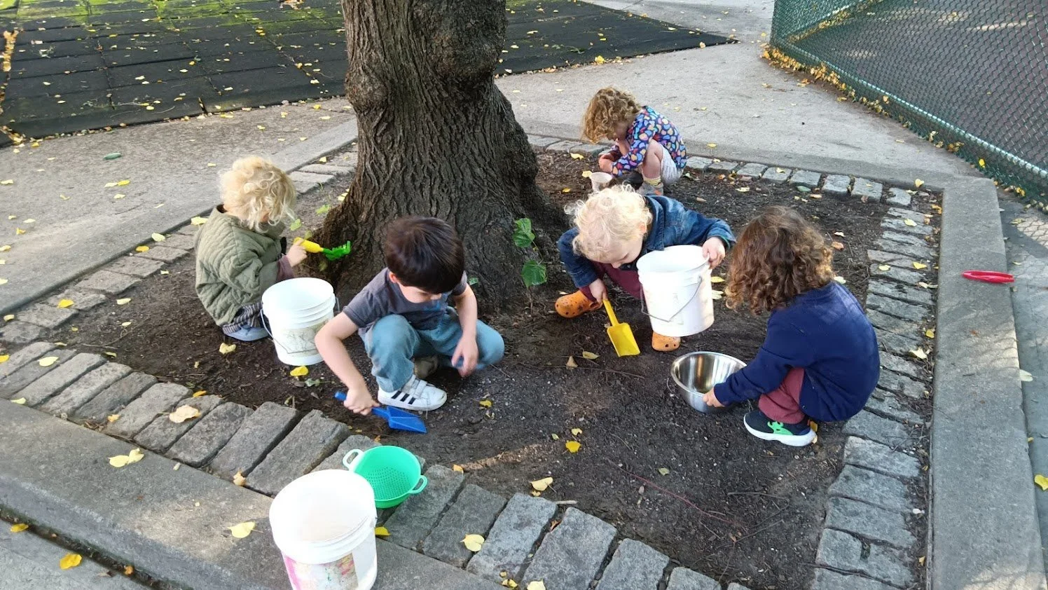 Five children gardening in a small outdoor garden bed with a large tree, using buckets and small gardening tools, surrounded by a brick border and a sidewalk.