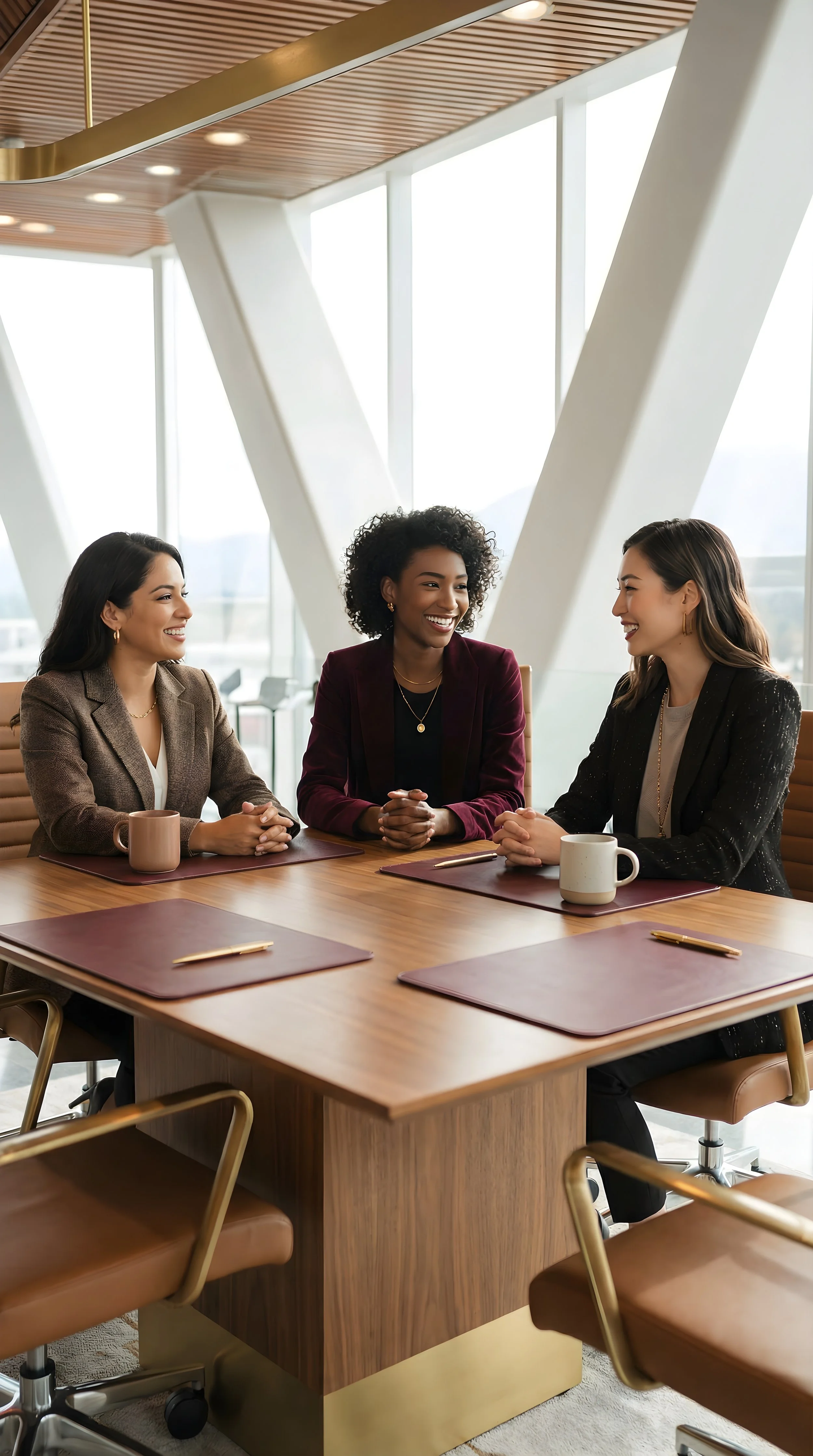 Three women sitting at a conference table, smiling and talking, in a modern office with large windows and stylish architecture.