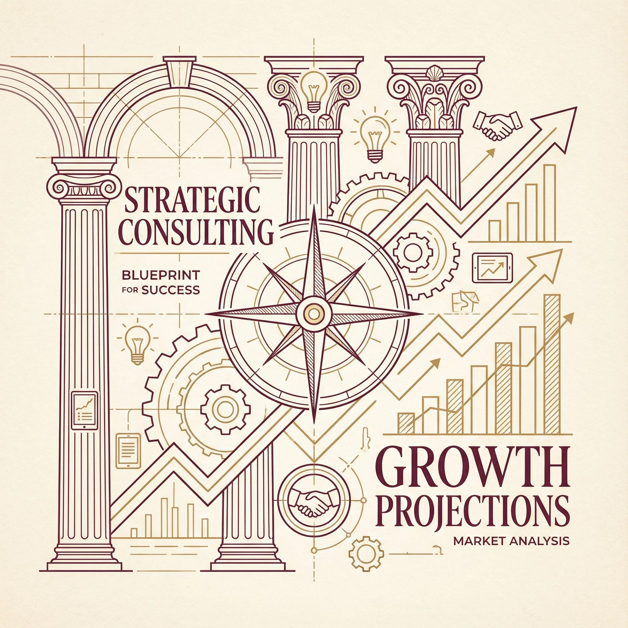 Illustration of Greek columns with gears, light bulbs, and graphs showing growth, with the words "Strategic Consulting, Blueprint for Success" and "Growth Projections, Market Analysis."