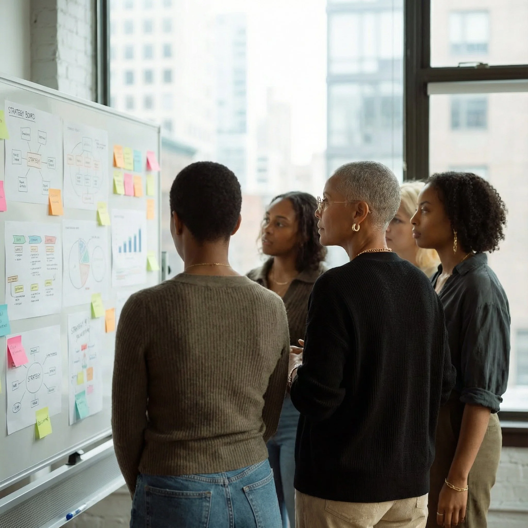 Group of women discussing a strategy board with sticky notes and charts in a bright office with large windows.
