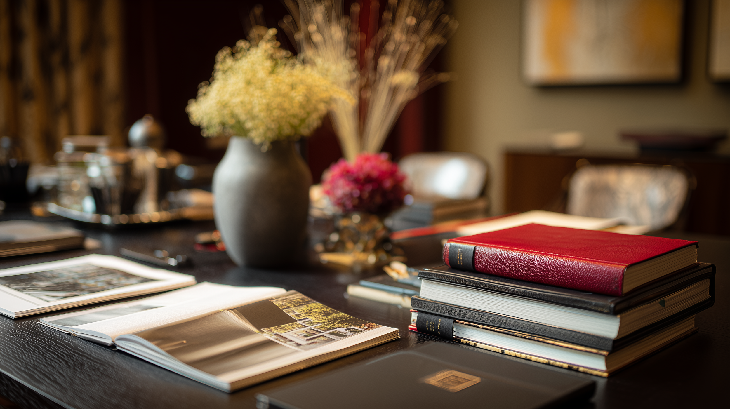 A conference or meeting room table with open books, a closed red book, notebooks, and papers, with decorative flower vases in the background.