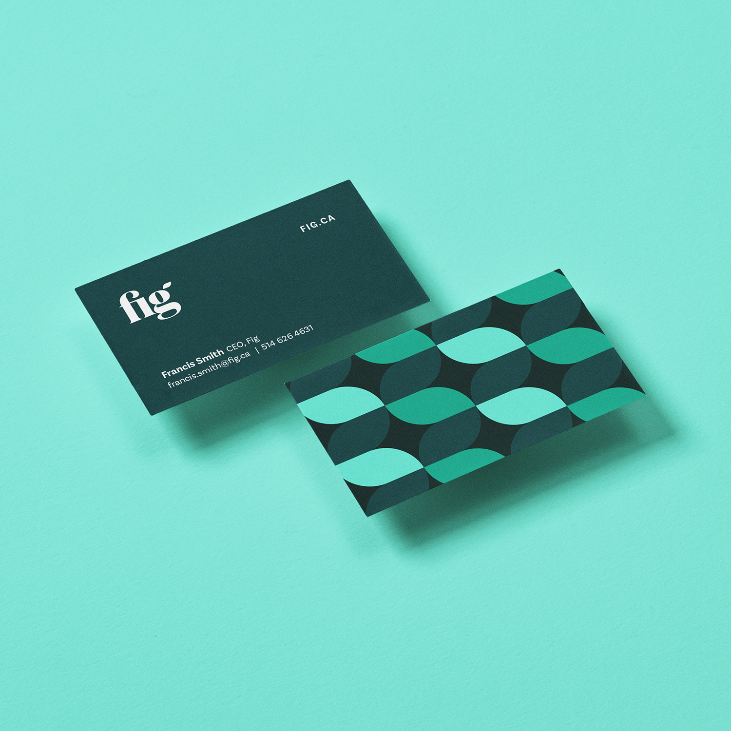 Fig Financial business cards with fig leaf logo pattern.
