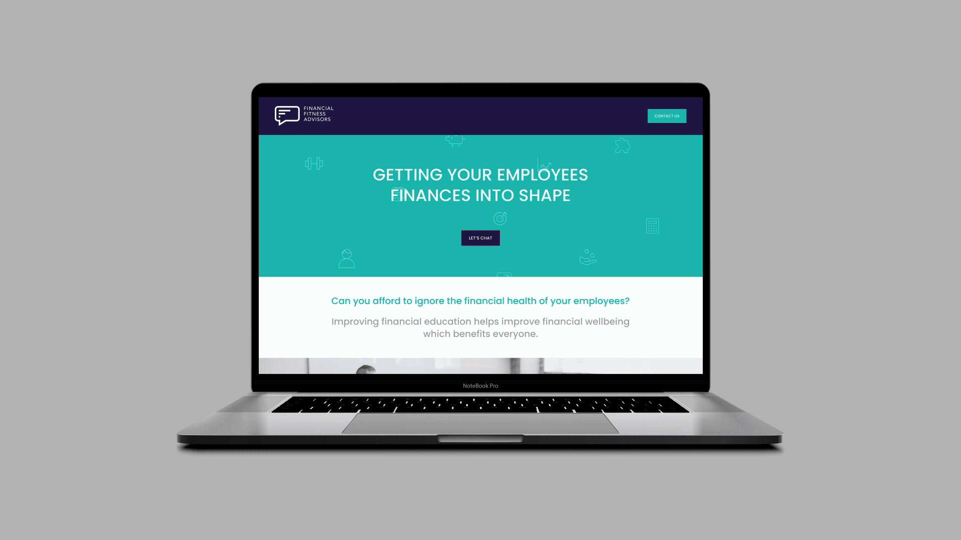 Laptop displaying a website titled 'Getting your employees' finances into shape' with a chat button and around 8 icons, including a calculator and a target, on a light teal background.