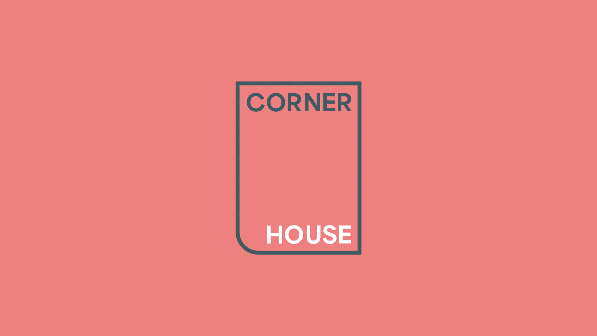 Graphic showing the outline of a house with the word 'HOUSE' inside at the bottom, and 'CORNER' at the top, on a pink background.