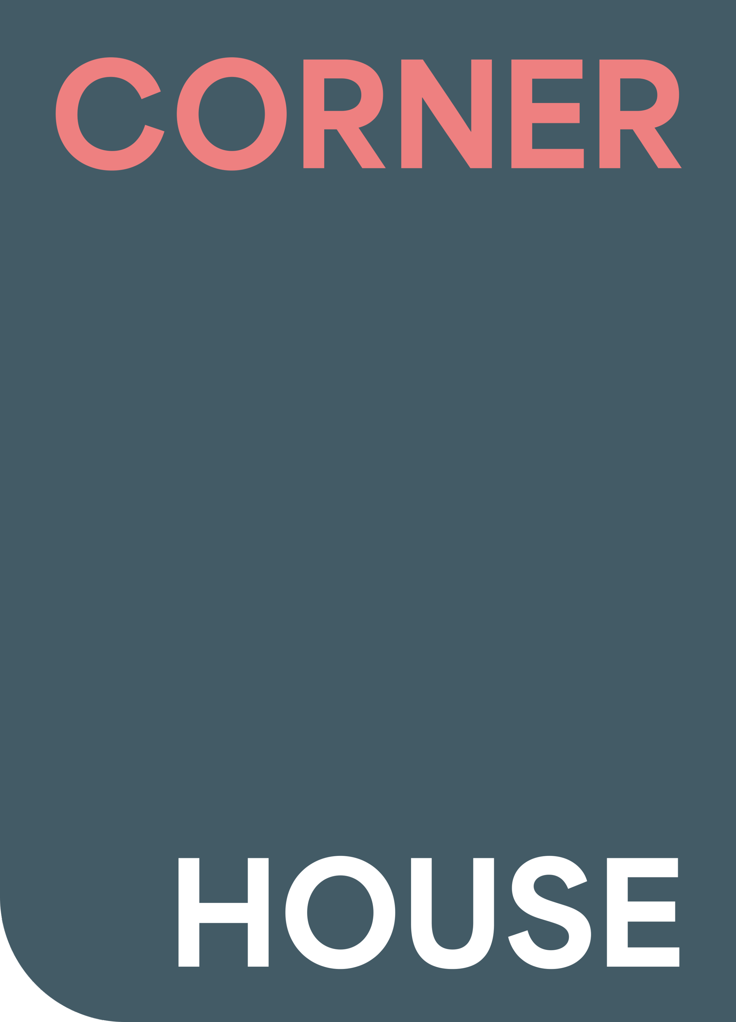 The image displays the words 'CORNER' in large pink letters at the top, and 'HOUSE' in large white letters at the bottom, on a dark blue background.