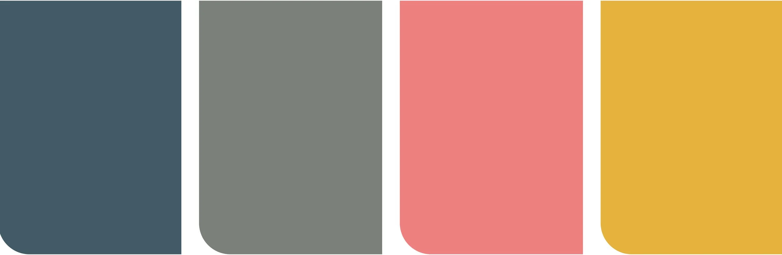 Four vertical color blocks in dark teal, gray, pink, and mustard yellow.