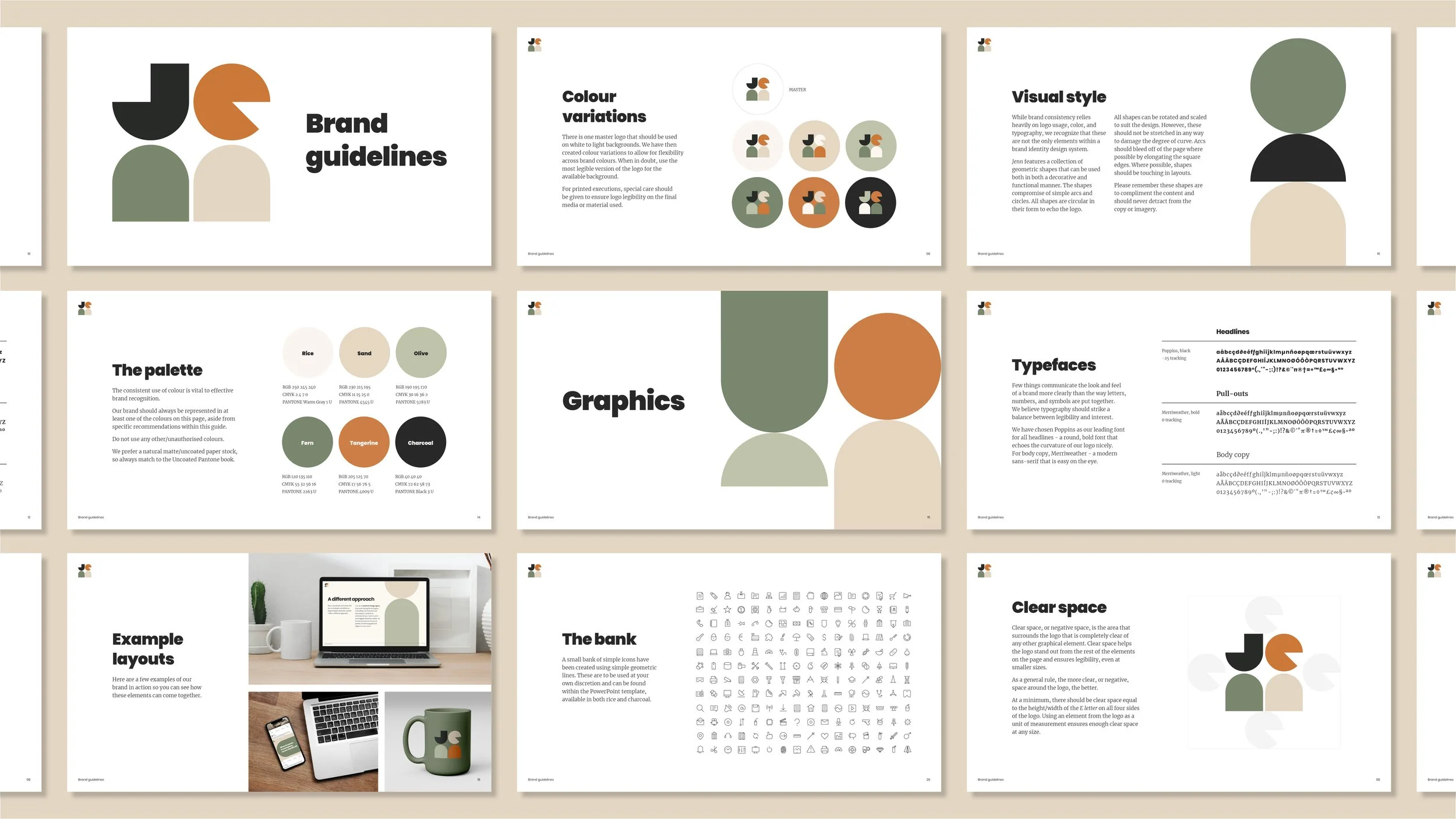 Brand guidelines document displaying color palettes, graphics, typography, layout examples, logo space, and icon set for a brand.