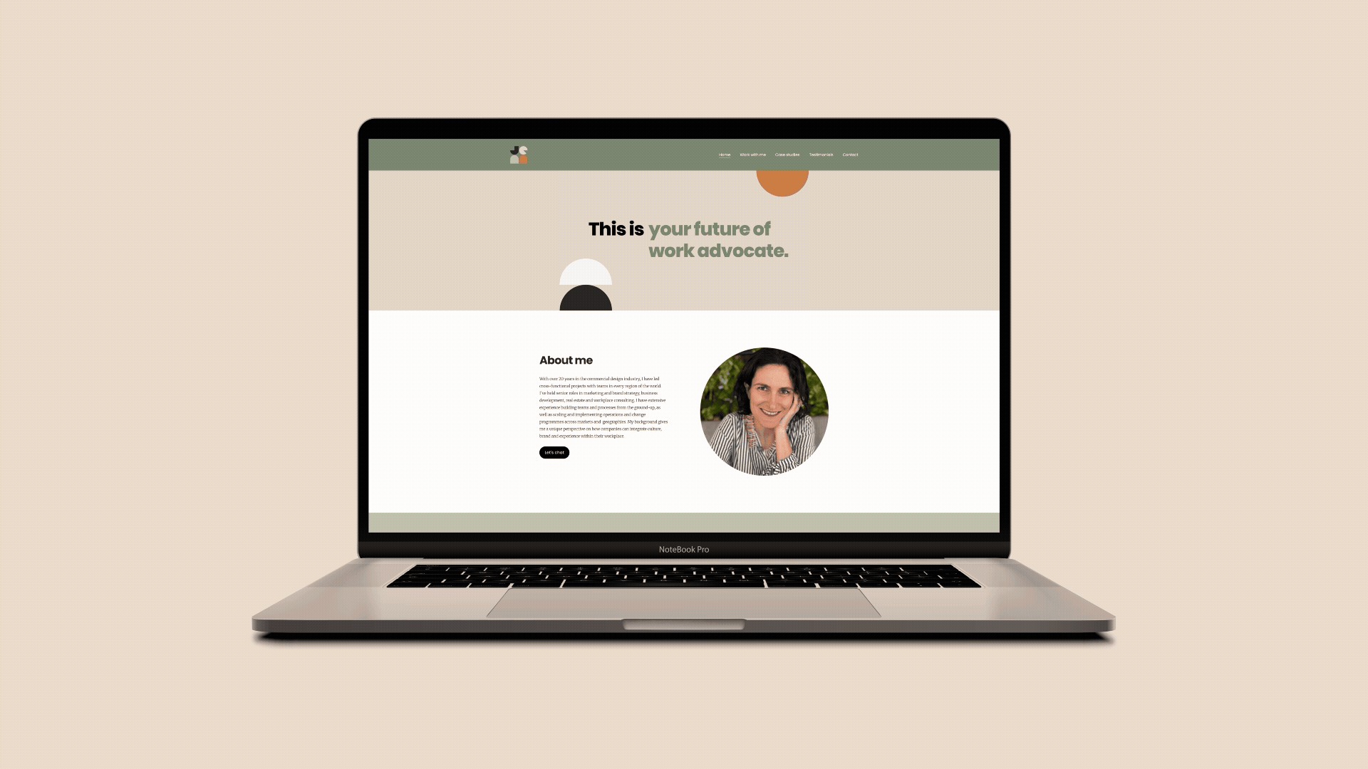 A laptop displaying a personal website with a banner that says 'This is your future of work advocate', an 'About me' section with a photo of a smiling woman, and navigation menu options at the top.