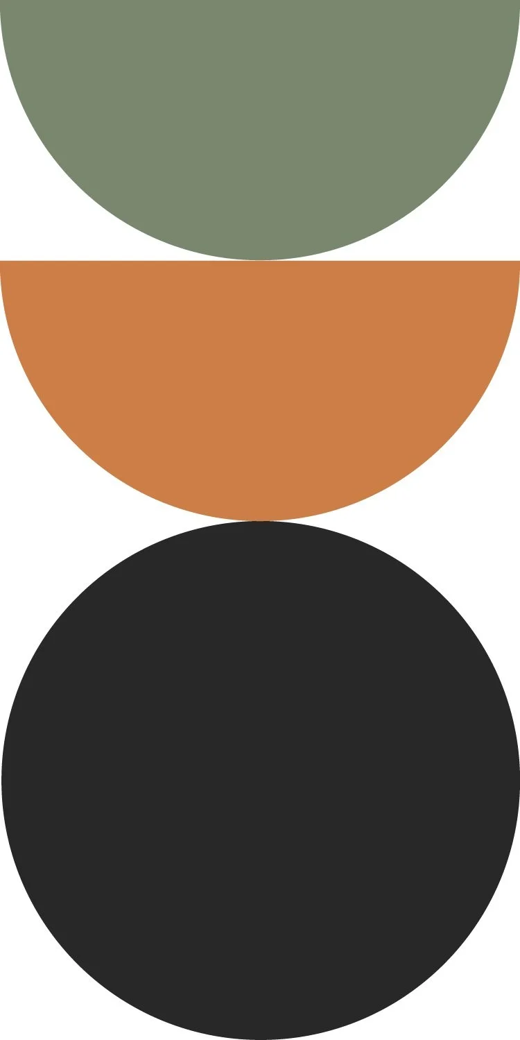 Illustration of three semi-circular shapes stacked vertically in green, orange, and black colors.
